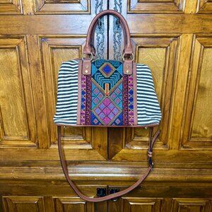 MMS Design Studio Aztec canvas and vegan leather Satchel with stripes